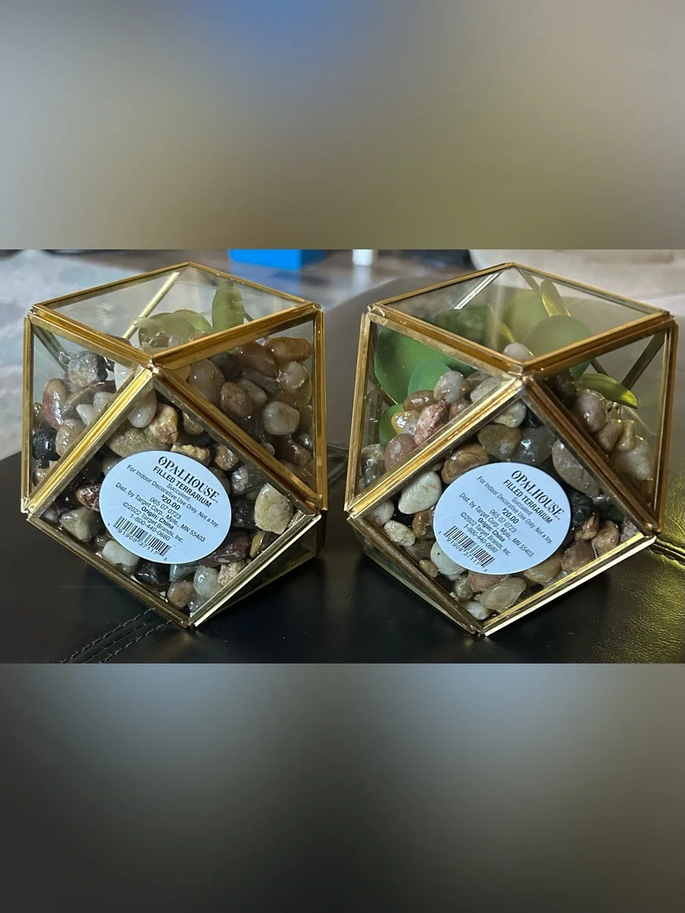 Opal House Gold Geometric Glass Terrarium Pair with Green Faux Succulents.